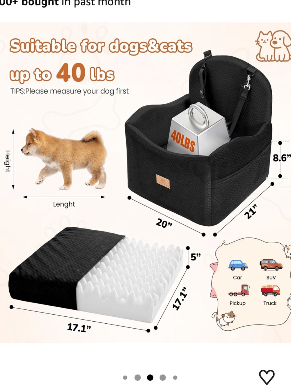 Luxybee 5” Cushion Dog Booster Car Seat Up to 40lbs with Waterproof Layer NEW - Picture 5 of 7